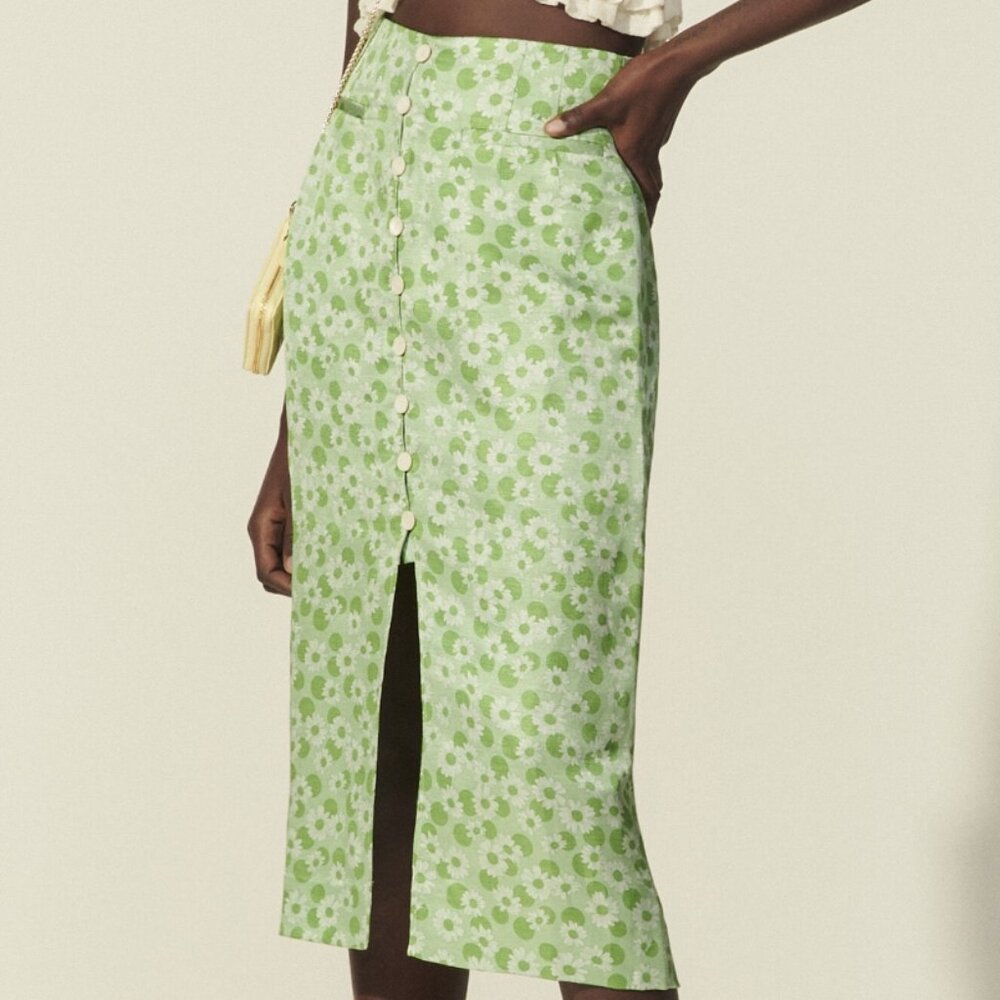 NWT SANDRO Paris Lavande Floral Green Linen & Silk Midi Skirt S $295